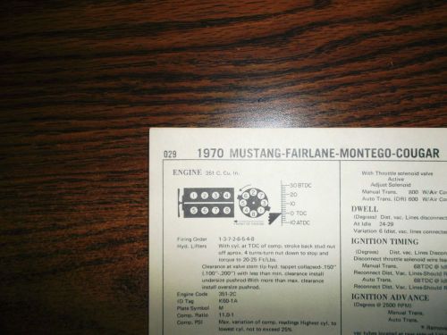 1970 mercury, cougar, ford, fairlane &amp; mustang 351 c v8 4bbl sun tune up chart