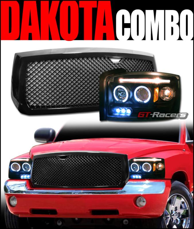 Blk halo led projector head light+front mesh grill grille 2005-2007 dodge dakota