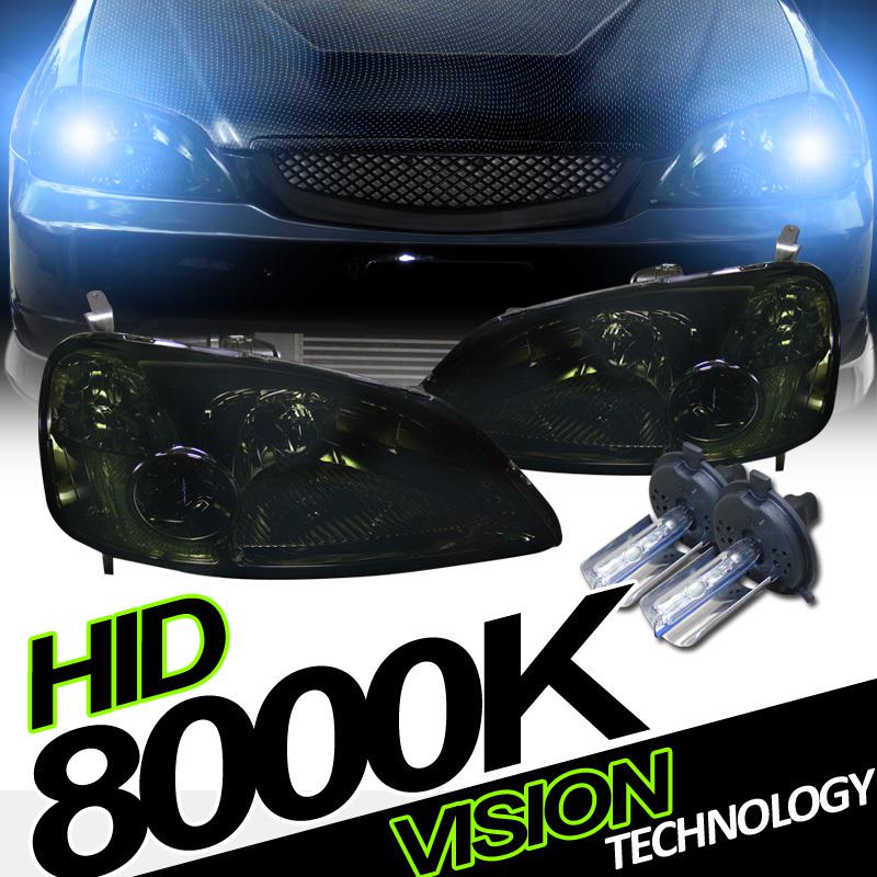 01 02 03 civic 2dr/4dr jdm smoke lens crystal headlights+h4 bulb 8000k xenon hid