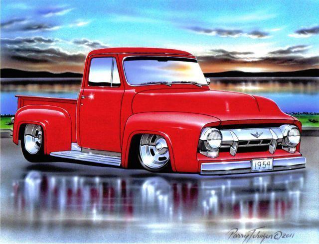 1954 ford f100 pickup hot rod truck automotive art print red