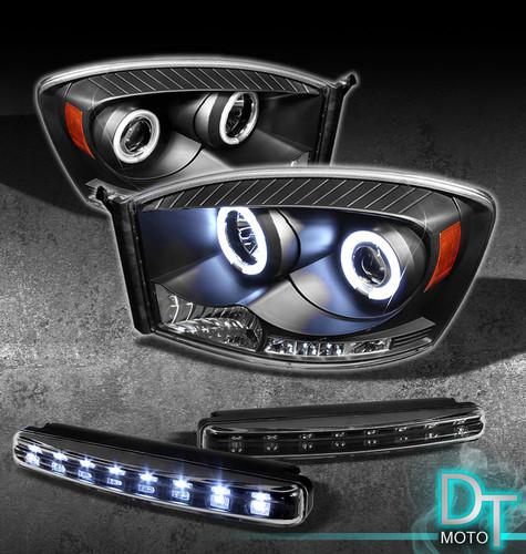 Drl led bumper fog lamps+06-09 ram dual ccfl halo black projector head lights