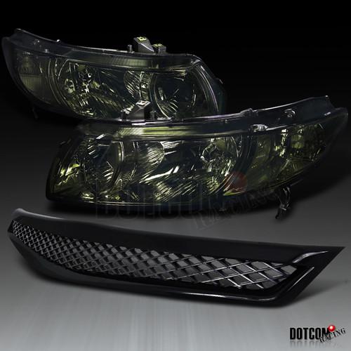 06-08 civic 2dr coupe smoke crystal headlights+black mesh hood grill