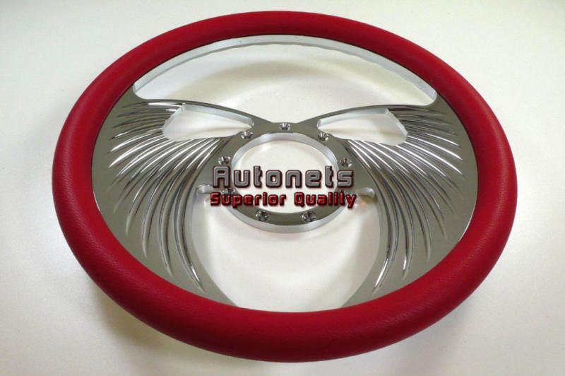 Red leather angel wings chevy gm chrome aluminum steering wheel street rad rod