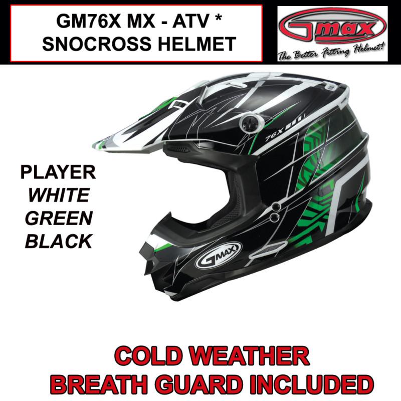 Gmax gm76x 2013 mx atv snocross helmet player green (s,m,l,xl,2x,3x) nib