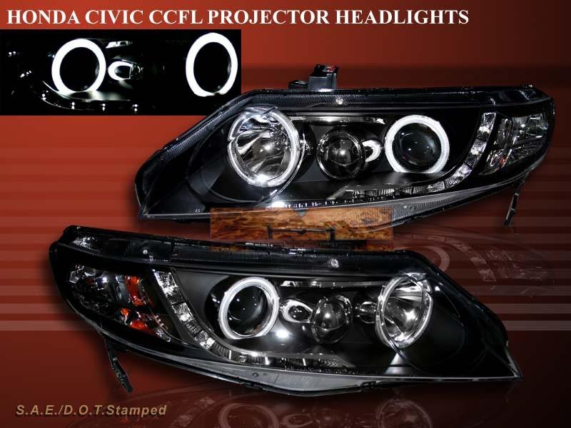 2006-2011 honda civic 4dr sedan black twin halo ccfl led projector headlights 