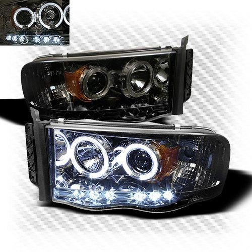 Smoked 02-05 dodge ram twin halo led projector headlights smoke head lights lamp