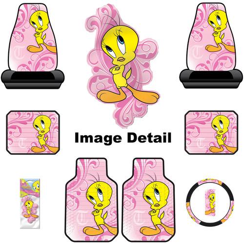 8pc tweety bird happy in pink floor mats seat cover steering wheel key chain kit