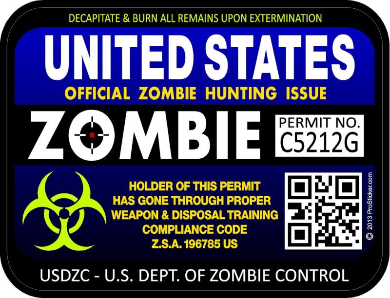 United states zombie blue purple hunting license permit 3"x4" decal sticker
