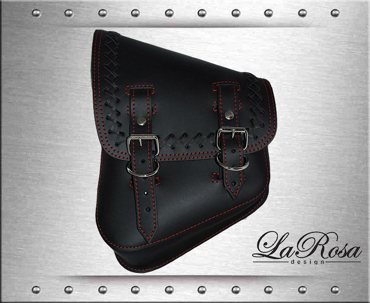 Larosa black leather cross lace softail chopper bobber red stitch saddlebag 