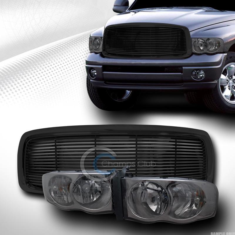 Smoke head lights lamps+horizontal front hood grill grille black 02-05 dodge ram