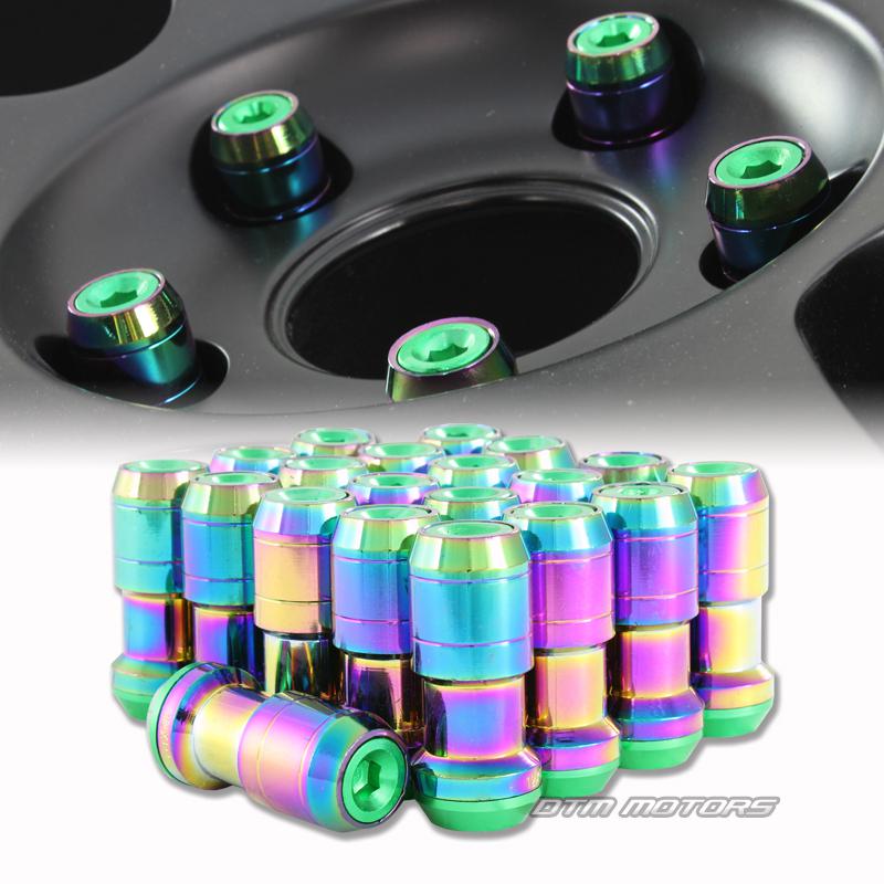 M12 x 1.25mm thread pitch 1.9" long wheel rim lug nuts - 20pc rainbow / green