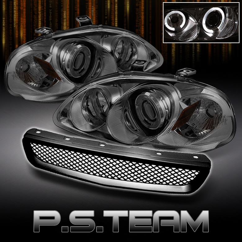 Smoked 96-98 honda civic 2/3/4dr halo projector headlights+black mesh grille