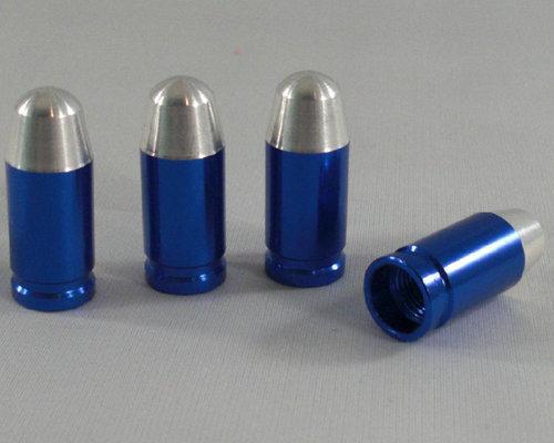 4 billet blue & silver "bullet" custom air valve stem caps - car truck atv rims