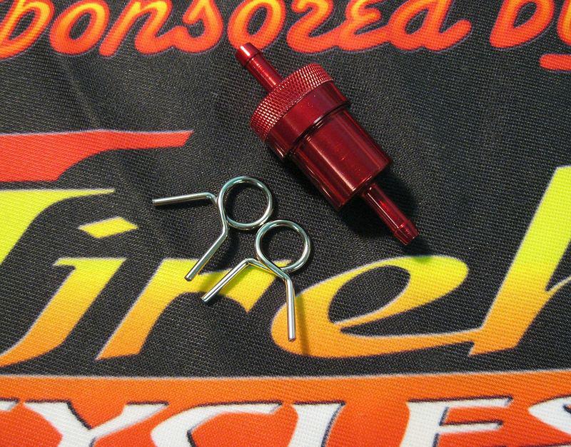 Red 1/4" aluminum fuel filter for harley and custom motorcycles