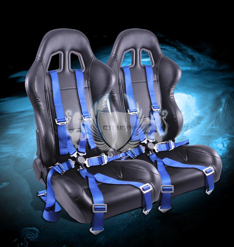 2x universal blk turino type-r racing seats+6-pt blue camlock harness seat belt