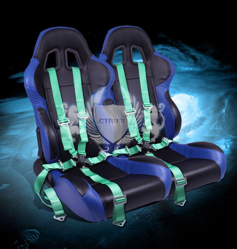 2x black/blue turino sport racing bucket seat+5-pt green belt camlock strap pair