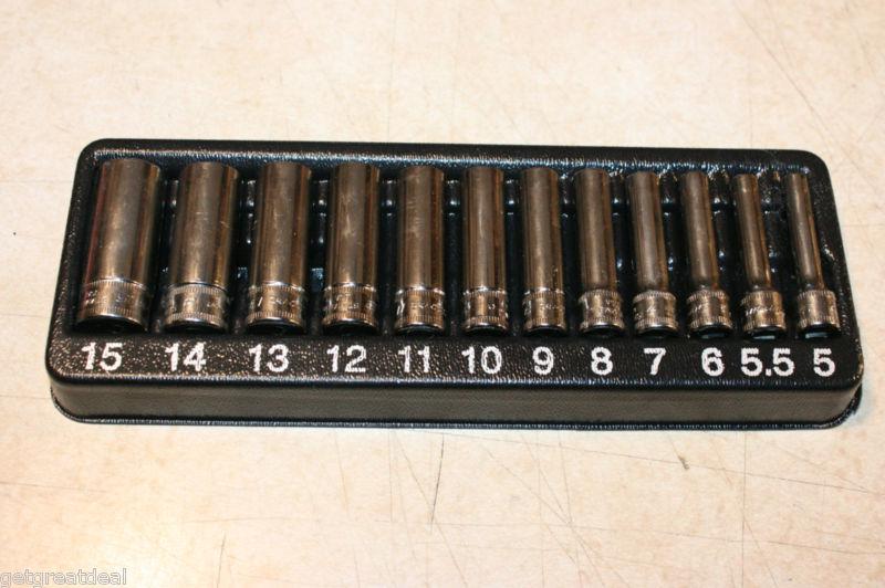 Snap-on tools 1/4"drive deep metric 6-p socket set +tray 12pcs 5-15mm 