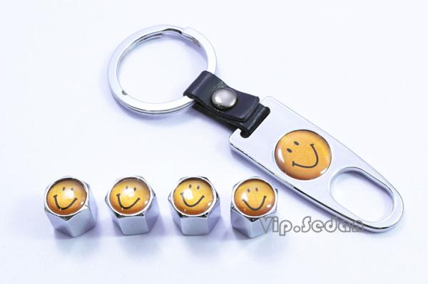 A set stainless steel smiling face auto tires valve stems air caps & key chains