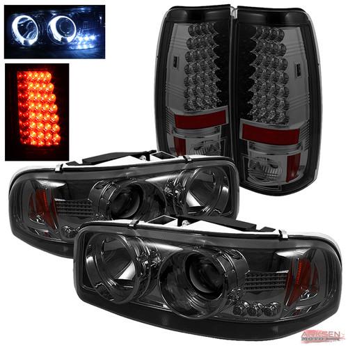 Smoked 04-06 gmc sierra halo projector headlights set + led brake lamp pair