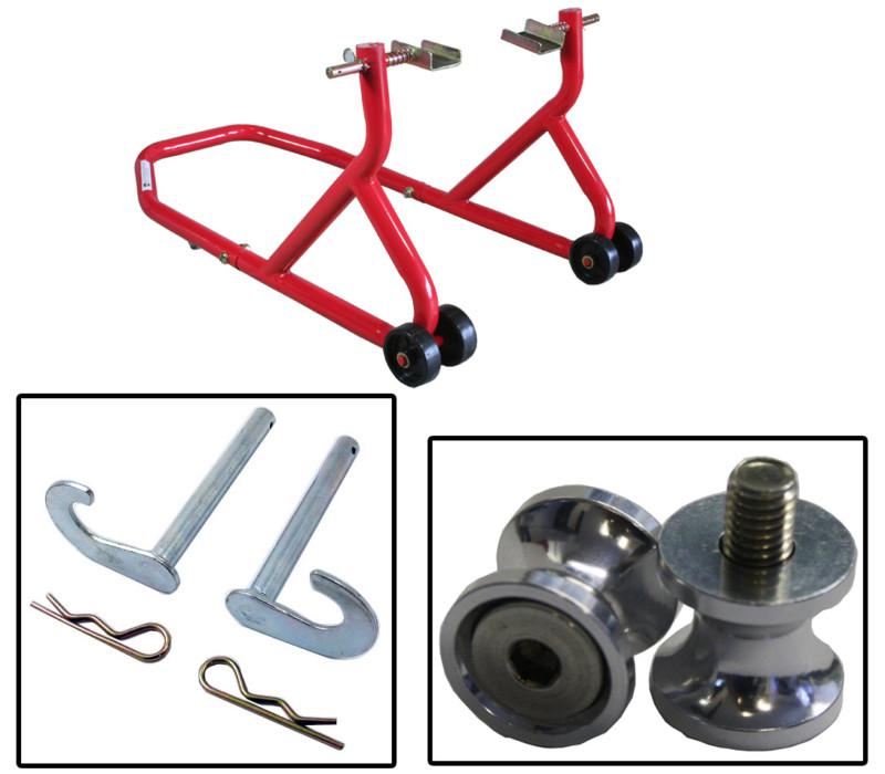 Biketek series 3 red rear motorcycle stand with 8mm aluminum bobbin spools