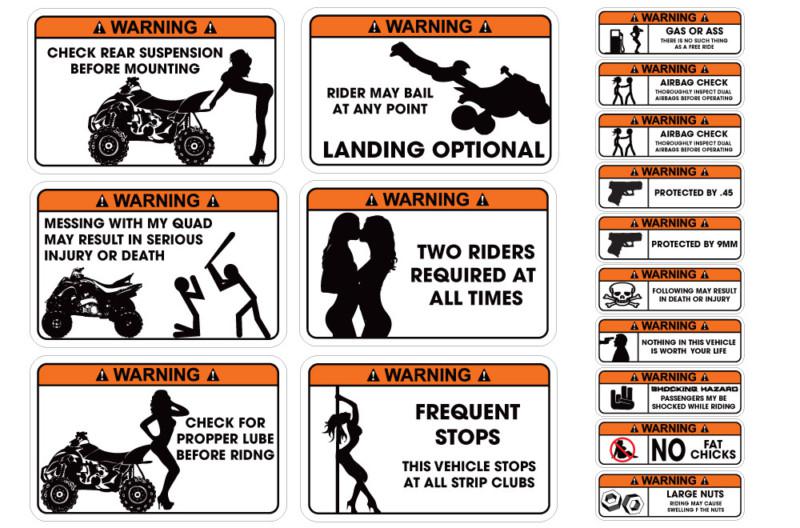 Funny warning decal atv quad stickers yamaha yfz450, ltr450,honda 400ex 16 pack!