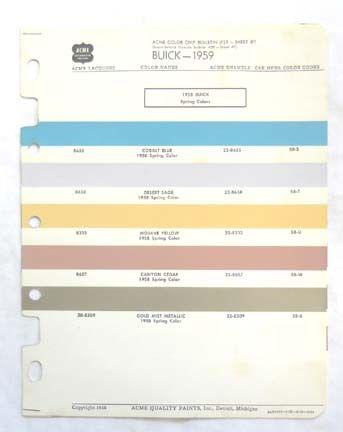 1959  buick acme  color paint chip chart all models original 