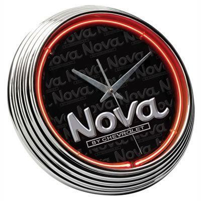 Clock wall mounted red neon chrome bezel chevrolet nova logo aa battery/110 v ac