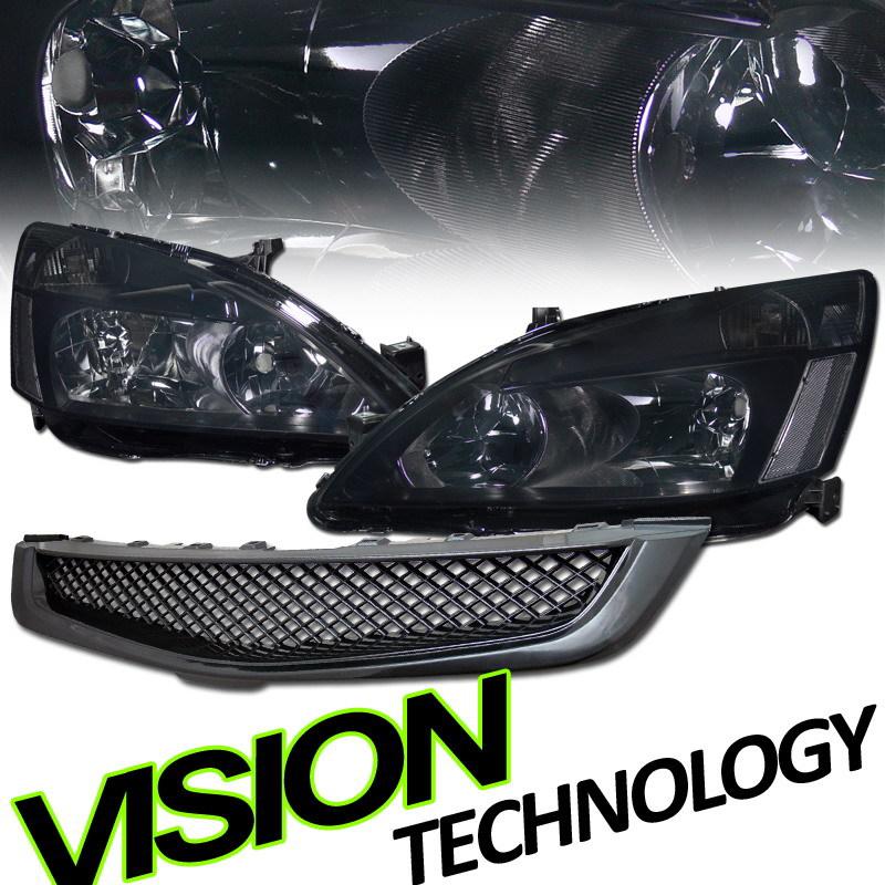 03-05 accord 4-door jdm smoke crystal headlights+blk abs mesh front grille/grill