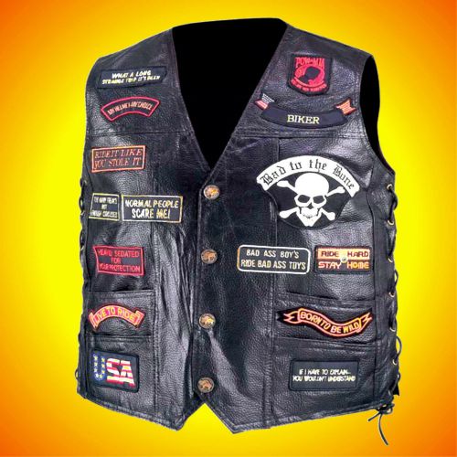 -leather motorcycle biker vest-23 patches!!-men&#039;s size extra large--nice vest