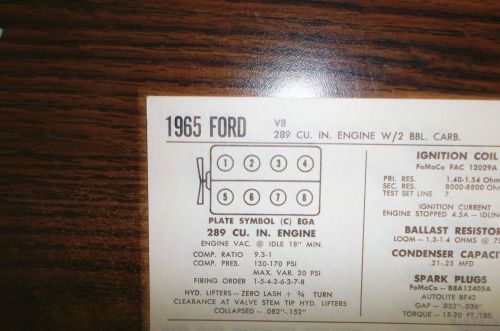 1965 ford series models 289 ci v8 w/2bbl sun tune up chart excellent condition!