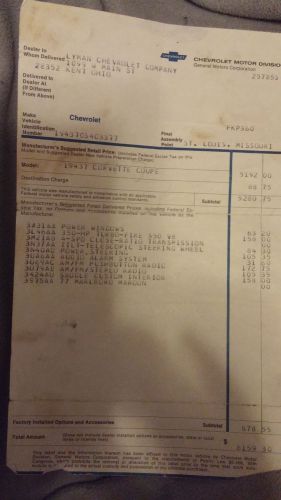 1970 chevy corvette original window sticker and dealer invoice