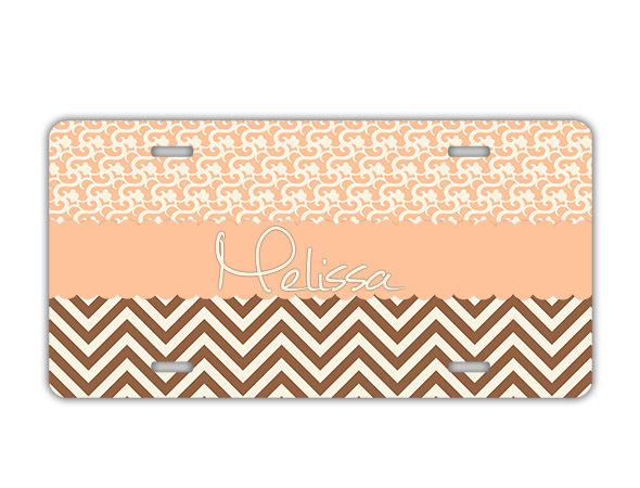 Monogram chevron license plate peach w chocolate chevron monogram car tag (1009)