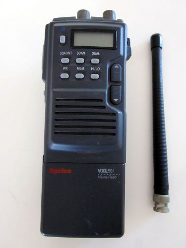 Clean apelco vxl501 marine handheld radio w/ battery, antennae &amp; belt clip