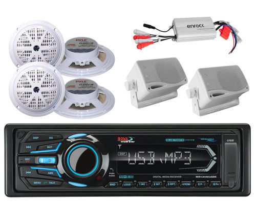 6 5.25&#034; white marine speakers,amplifier,boss usb bluetooth mp3 aux ipod receiver