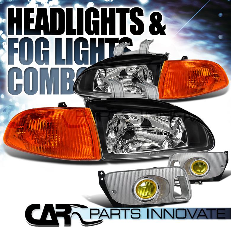 1992-1995 honda civic 2/3dr black headlights+amber corner+yellow fog bumper lamp