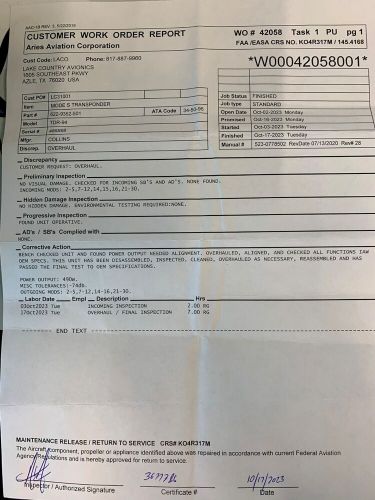 Atc/mode s transponder tdr94 622-9352-501 w/ october 2023 overhauled 8130