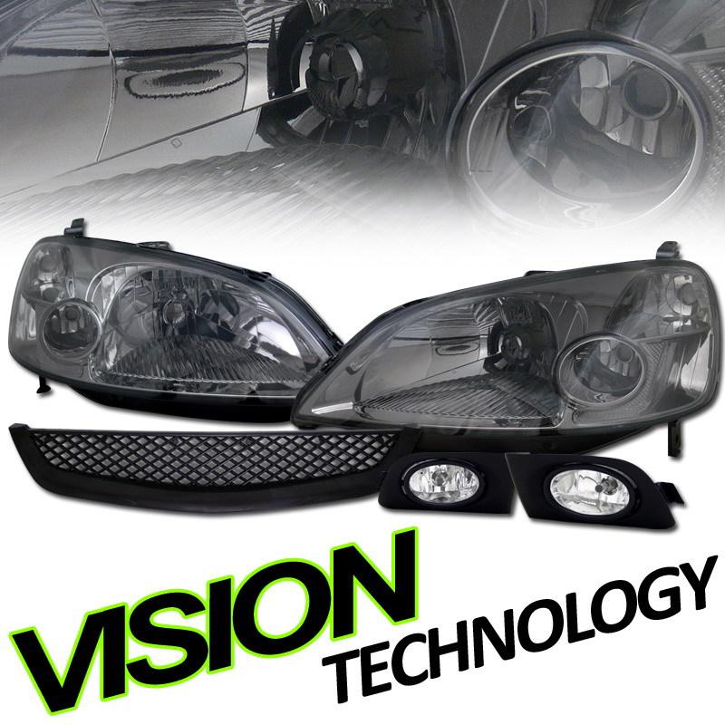 01-03 civic 2d/4d jdm smoke lens crystal head lights+clear fog lamps+mesh grille