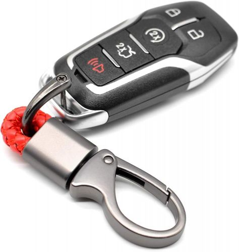 Car key fob keychains leather holder chain sturdy metal with d-ring red