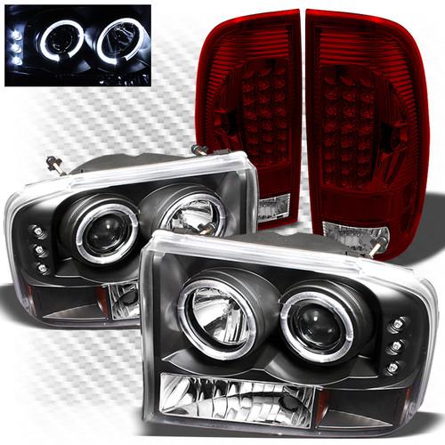 99-04 f250/350 1pc black ccfl projector headlights + r/c led perform tail lights