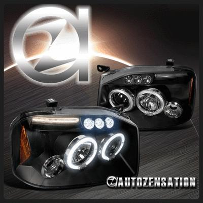 01-04 nissan frontier halo projector black headlights w/led strips