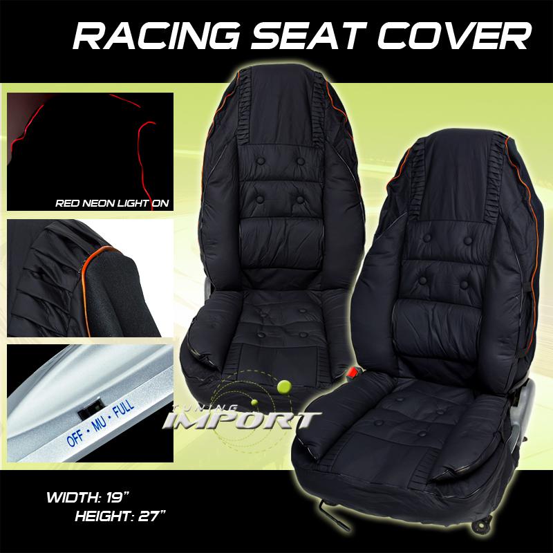 Two piece black seat cover set+red neon lights pcv leatherette left+right sport