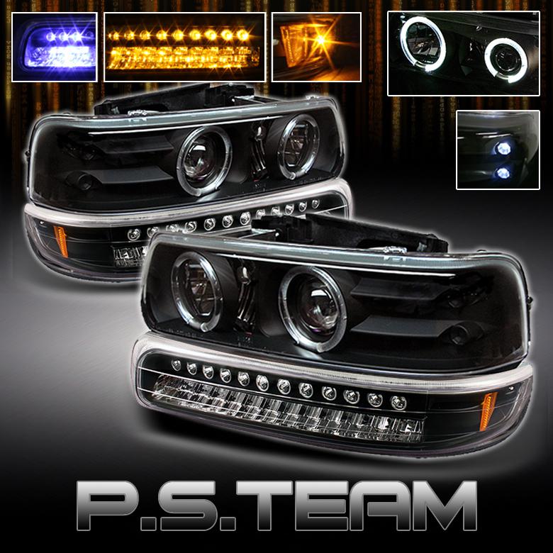 Black 99+ silverado tahoe subruban halo proector head lights+led bumper signal