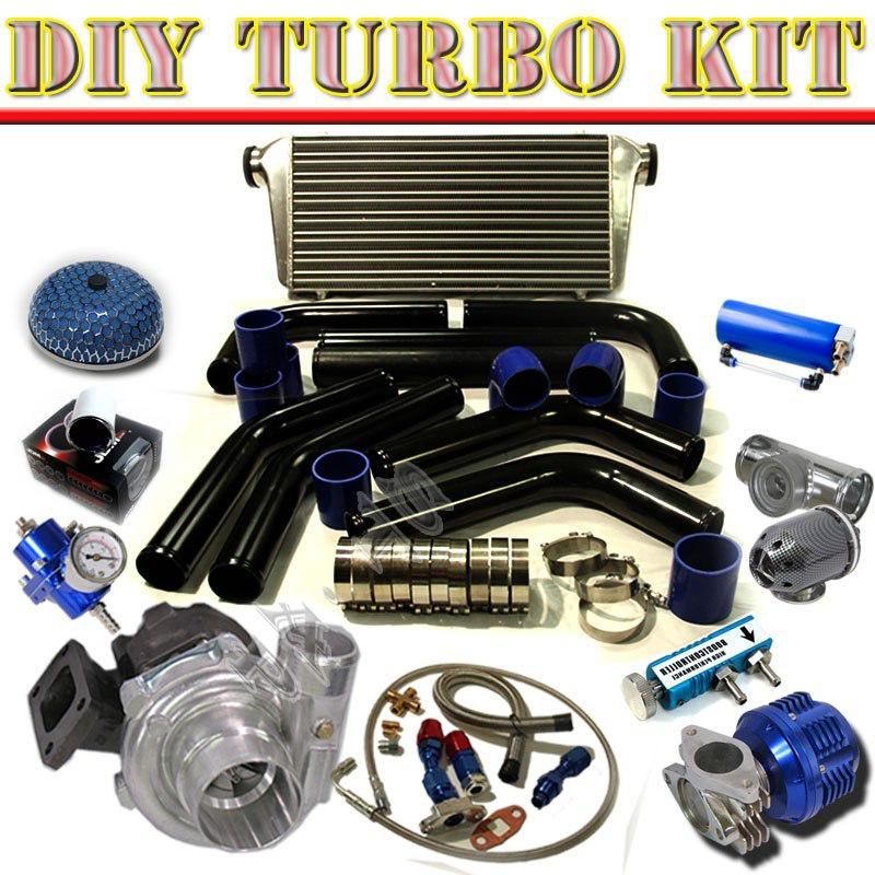 Diy t3/t4 turbo+31" intercooler+2.5" piping kit+oil line+jdm bov carbon blk/blue