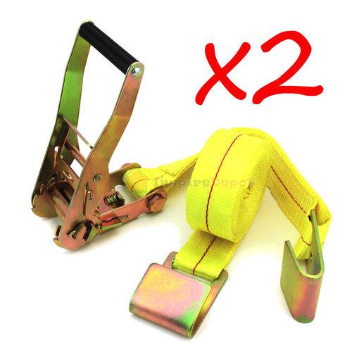 Lot 2 flat 2"x27' ratchet tie down cargo strap towing hook 4500lb tow ratcheting