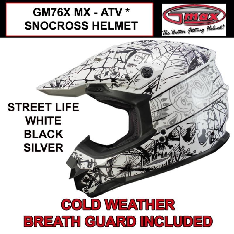 Gmax gm76x 2013 mx atv snocross helmet street life white (s,m,l,xl,2x,3x) nib