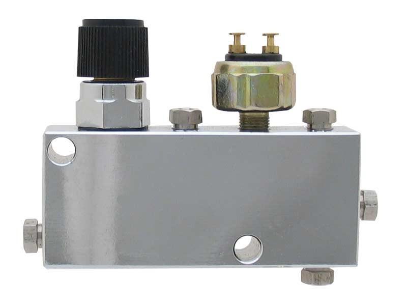 Adjustable proportioning valve distribution block and brake light sensor chrome