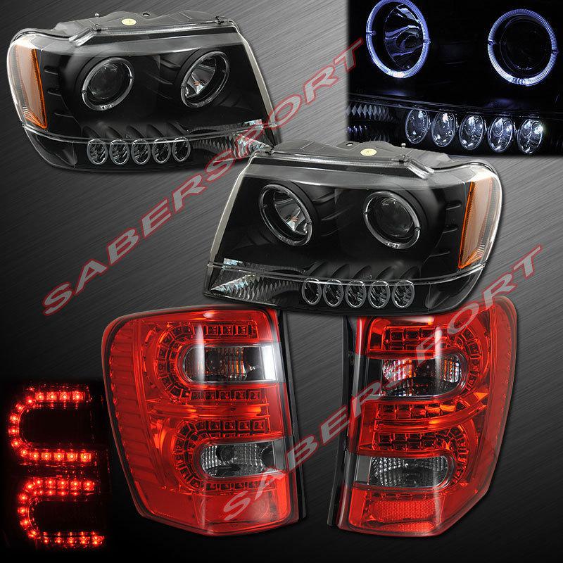 99-04 jeep grand cherokee halo projector headlights black + rs led tail lights