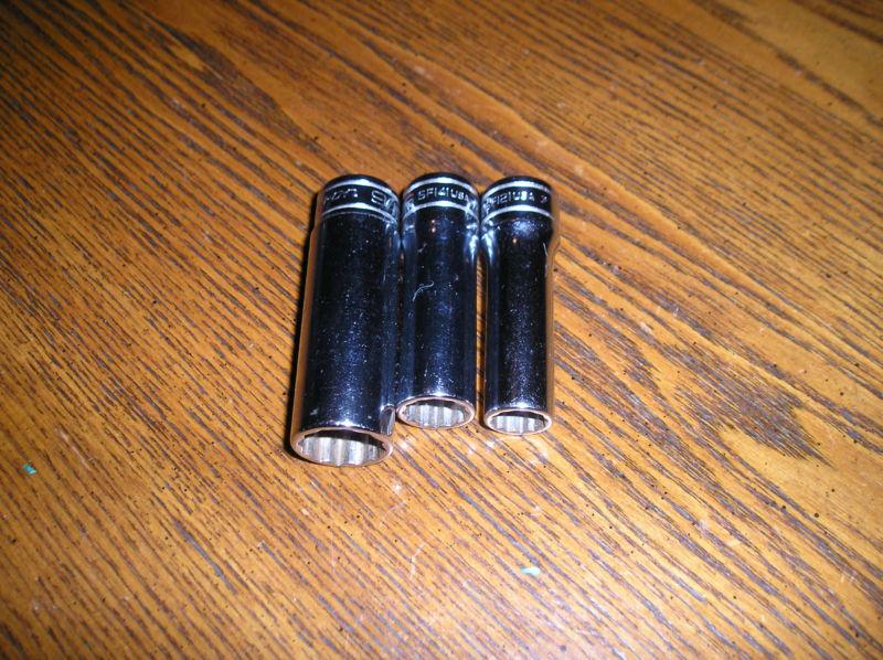3 snap-on deep sockets 3/8", 7/16" and 9/16" with 3/8" drive 12 point  new