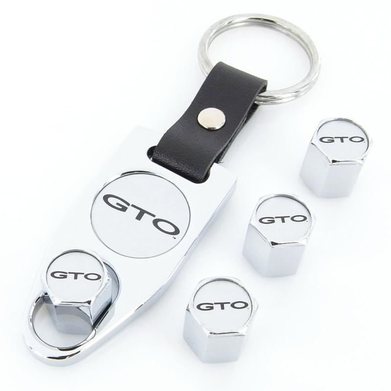 Pontiac gto word logo chrome tire stem valve caps + wrench key chain