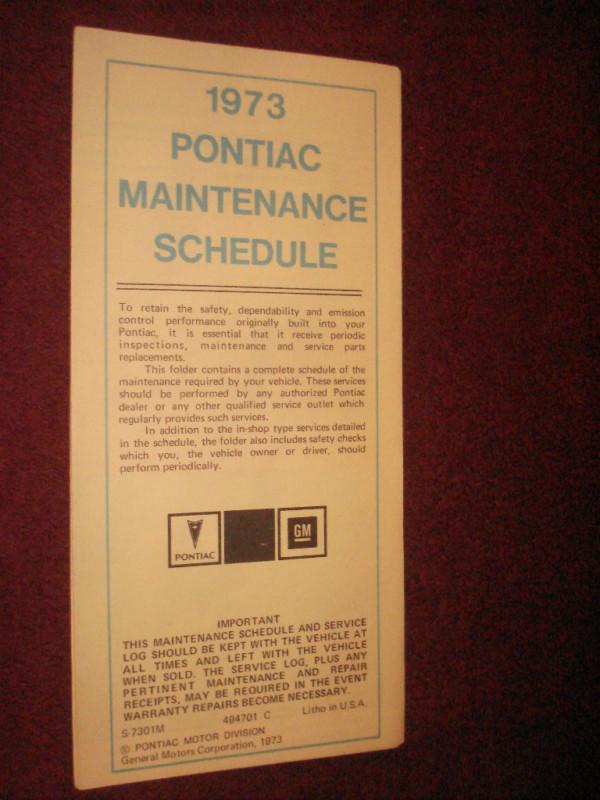 1973 pontiac / firebird / trans am & more owner maintenance schedule / original